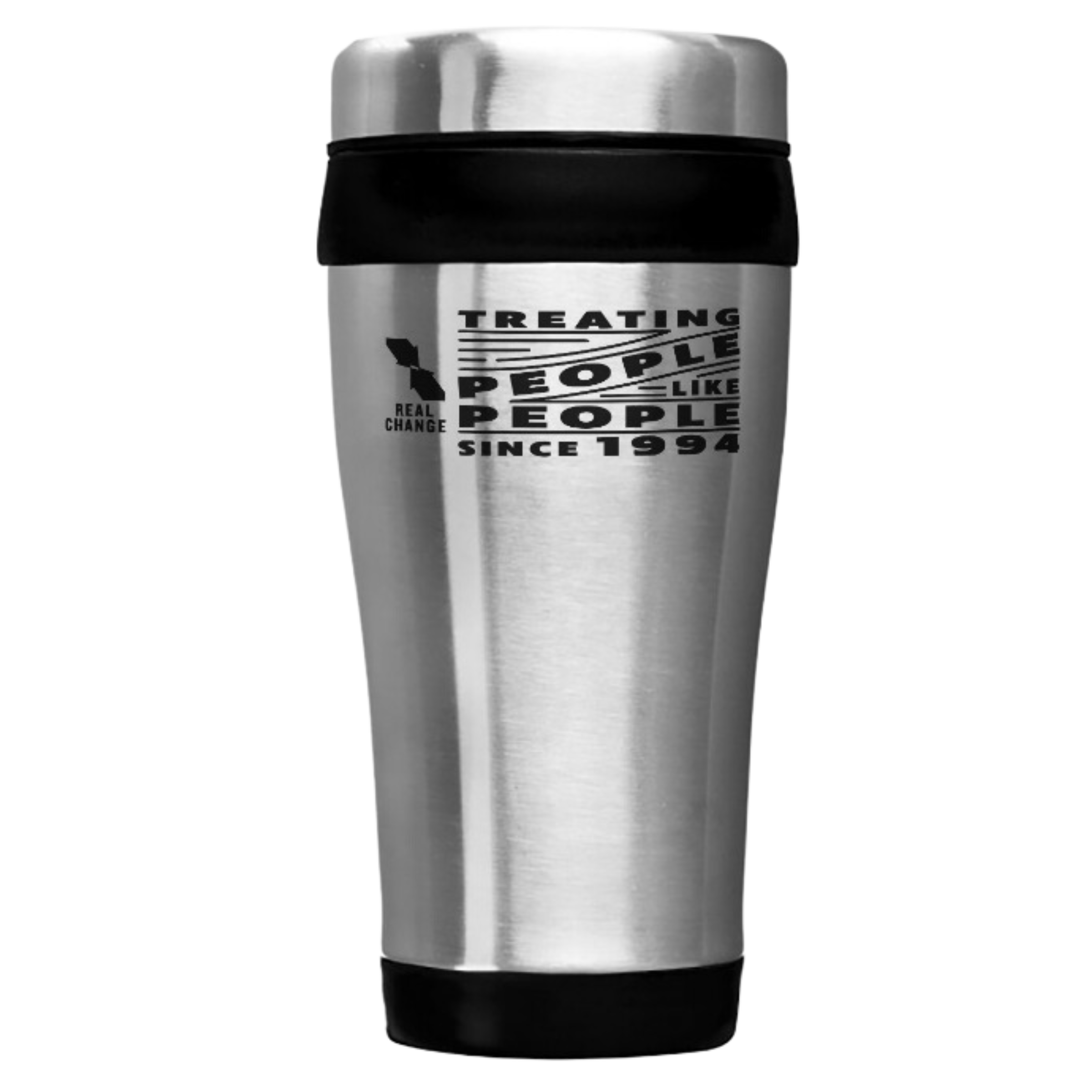 Stainless steel tumbler with artwork that says "Treating People like People since 1994"