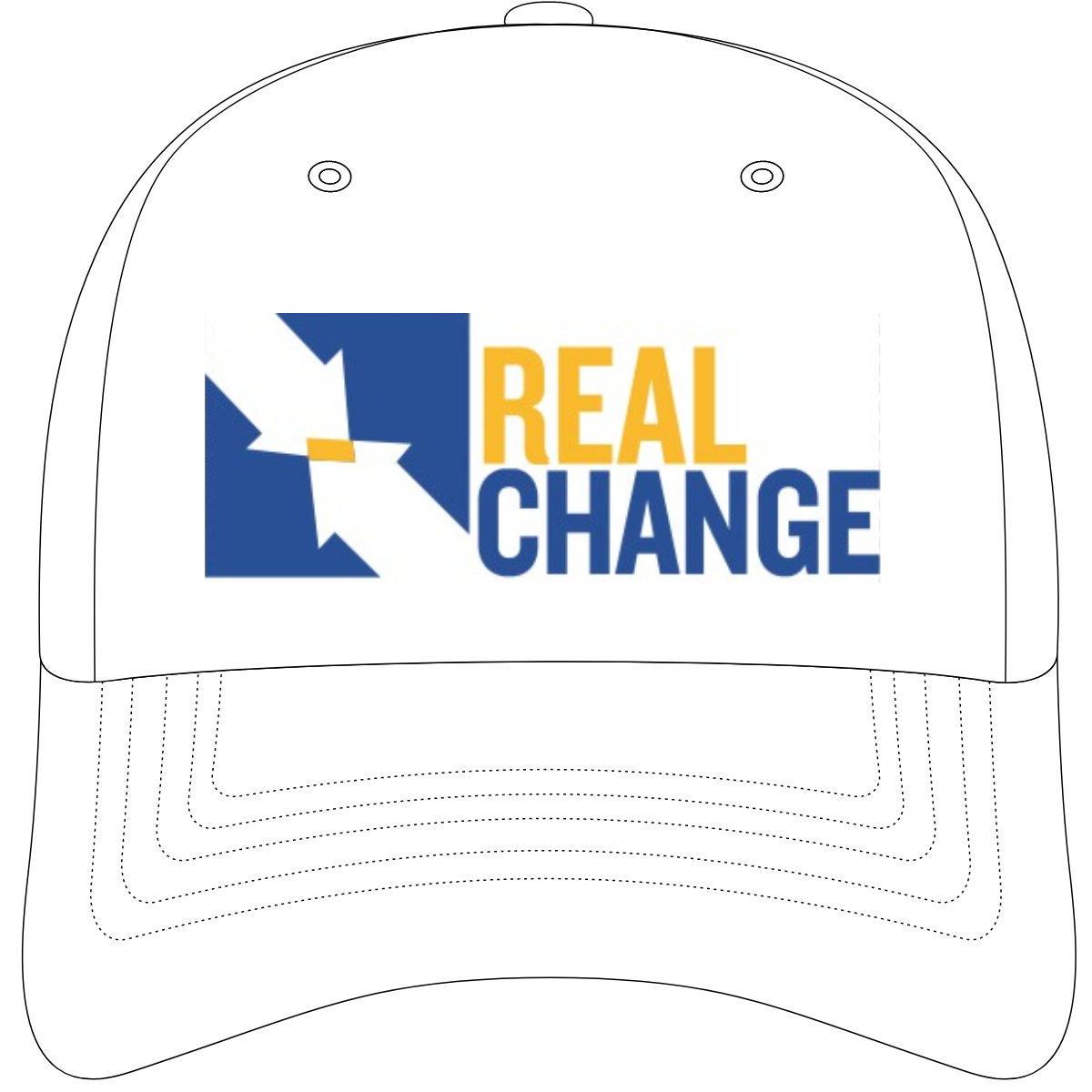 Illustration of white baseball cap with Real Change logo